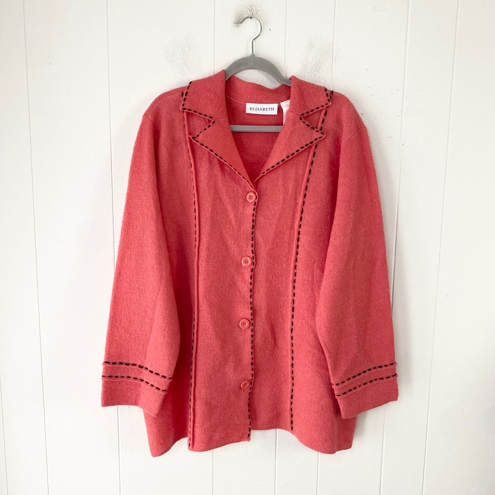 VTG Elisabeth Pink 100% Wool Whipstitch Button Front Cardigan Sweater 3X Cottage